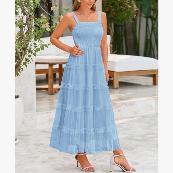 Light Blue Tiered Maxi Dress with Smocked Bodice - Picture 3 of 10